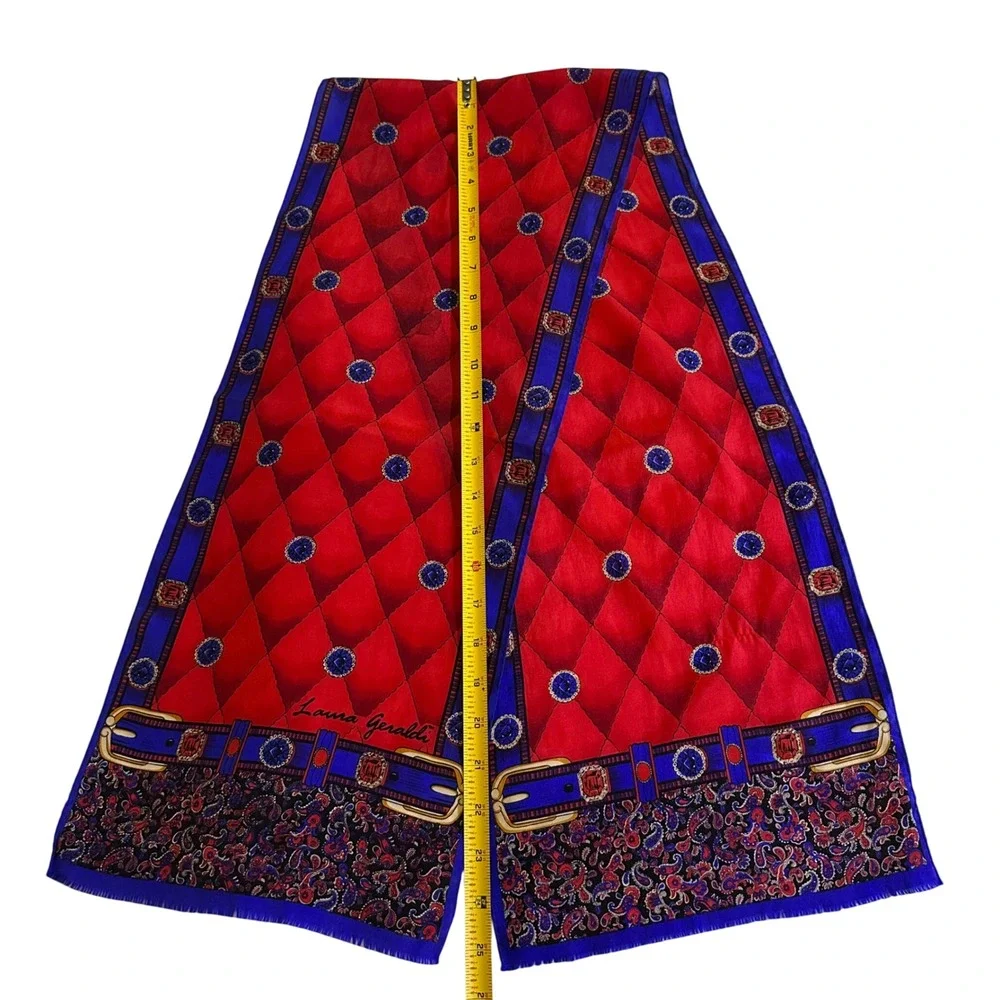 Laura Geraldi Silk Scarf Red Blue Equestrian Paisley Jewel Print Fringed Oblong